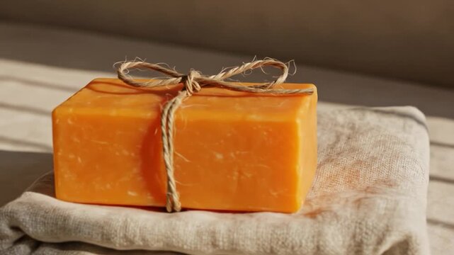 Artisan orange soap bar on linen towel with natural twine packaging