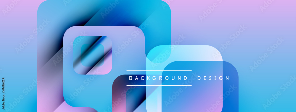 Poster abstract geometric shapes blend blues, purples, pinks. modern design creates layered visual effect. 