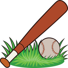 Wooden baseball bat and ball on green grass sports illustration
