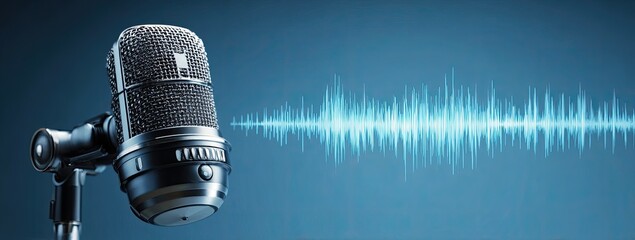Close-up of a microphone with audio wave, professional studio equipment