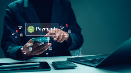 Businessman using smartphone completes secure online payment. Digital banking technology shows global e-commerce transaction icons over world map. Financial network protection concept ensures safe