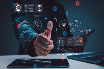 Businessman scanning fingerprint unlocking system access. Cybersecurity concept features secure data protection, privacy, authentication, identity verification. Advanced technology ensures digital