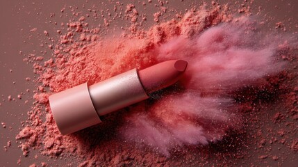 A single, muted pink lipstick tube explodes with a cloud of pink powder onto a dark, textured surface. The lipstick is positioned diagonally across the frame, appearing to launch the powder outwards. 