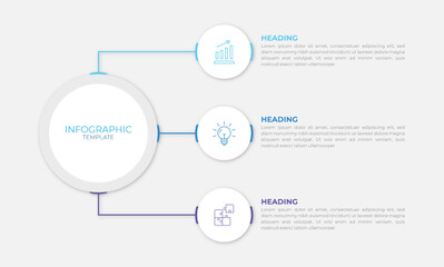 Minimal infographic template with three circular elements, icons, and text boxes for business process, data visualization, and creative presentation design