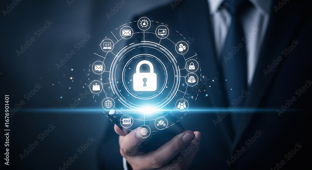 Aufkleber man in suit holding phone with digital padlock and network icons hovering above it in the dark