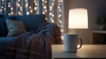 warm living room with dim floor lamp steaming mug on wooden coffee table thick plaid blanket draped over armchair fairy lights in background illustration concept scene visual for commercial design