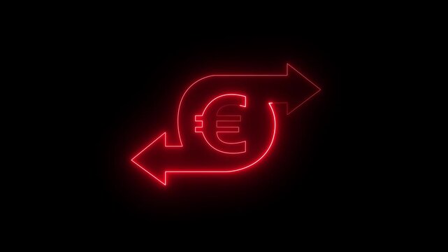 glowing Neon euro currency exchange icon with arrows representing finance. neon euro two way arrow icon represents currency exchange concept. right and left arrow euro icon sign animation. 