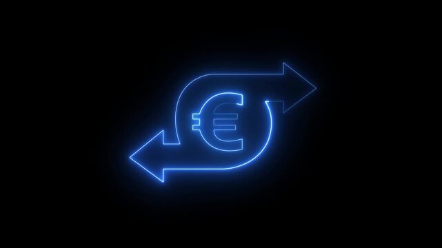 glowing Neon euro currency exchange icon with arrows representing finance. neon euro two way arrow icon represents currency exchange concept. right and left arrow euro icon sign animation. 