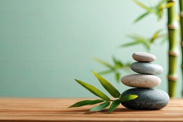 Stacked stones, bamboo, and leaves on a wooden surface