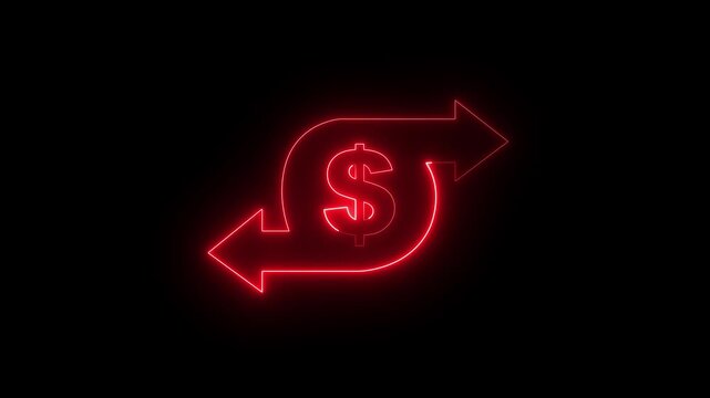 Glowing neon dollar two way arrow icon represents currency exchange concept. right and left arrow dollar icon sign animation. Neon dollar currency exchange icon with arrows representing finance.