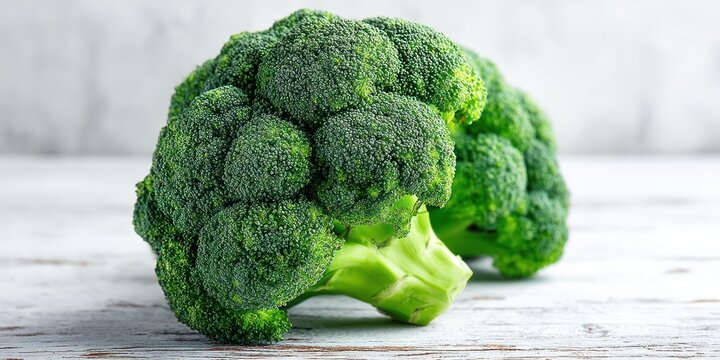 Two heads of fresh broccoli sit side-by-side on a weathered wooden surface. The broccoli florets are a vibrant, deep green, displaying a textured, slightly bumpy surface.