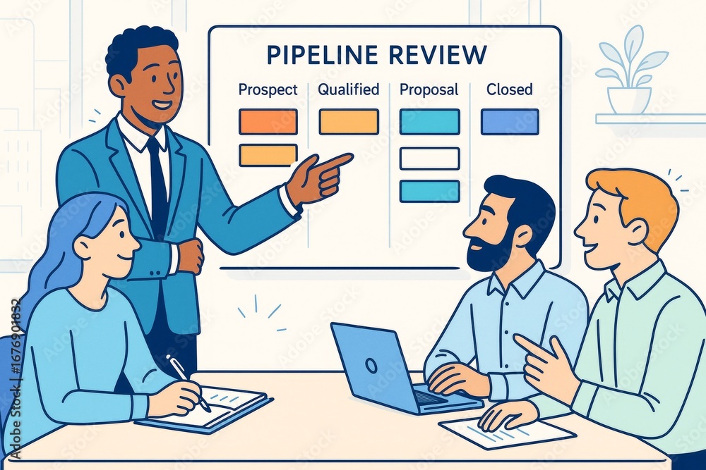 Aufkleber business team discussing sales pipeline review with charts in office meeting on light background in 