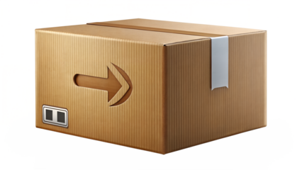 Cardboard box with an arrow indicating direction for shipping and delivery, isolated on transparent background, representing logistics and ecommerce
