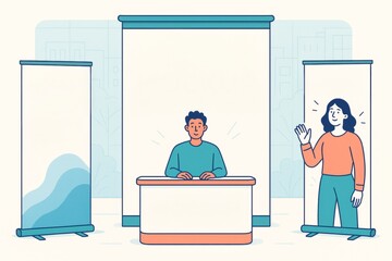 Creative business booth scene with two people, banners, and a light background in a minimal flat style for expo or presentation concept. Ai generative