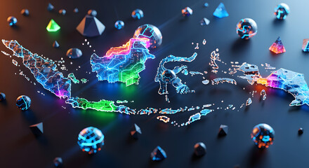 Digital Map of Indonesia with Neon Lights and Geometric Shapes in Futuristic Style