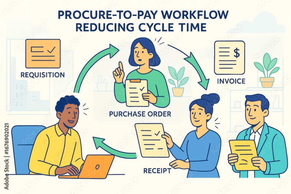 Aufkleber procure-to-pay workflow concept showing business process steps with diverse professionals and docume