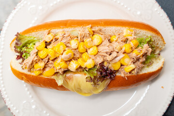 top view fresh cheesy tuna and corn hot dog