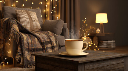 warm living room with dim floor lamp steaming mug on wooden coffee table thick plaid blanket draped over armchair fairy lights in background illustration concept scene visual for commercial design