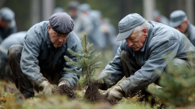 Community members participate in a tree planting event in a forest area in early spring to promote environmental conservation efforts