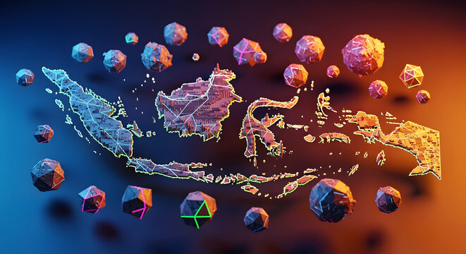 Digital Globe of Indonesia with Geometric Spheres and Neon Lights