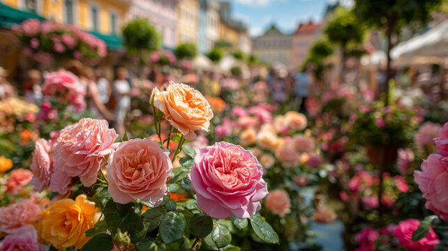 Visitors admiring vibrant rose arrangements at the Kutno Rose Festival in Poland, smiling faces filled with wonder. 
