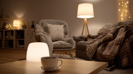 warm living room with dim floor lamp steaming mug on wooden coffee table thick plaid blanket draped over armchair fairy lights in background illustration concept scene visual for commercial design