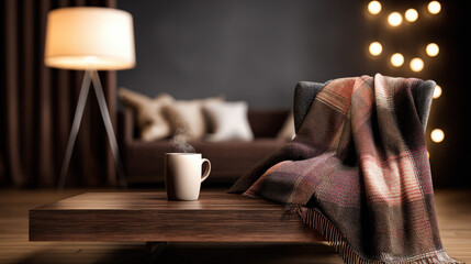 warm living room with dim floor lamp steaming mug on wooden coffee table thick plaid blanket draped over armchair fairy lights in background illustration concept scene visual for commercial design