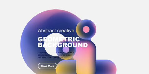 Abstract geometric background features vibrant colors, fluid shapes, text, button. Modern design elements create dynamic visual impact.