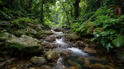 Obraz premium Serene forest scene featuring a gentle stream flowing over rocks amidst lush green foliage and towering trees