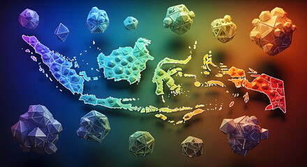 Colorful Digital Greece Map with Geometric Virus Particles in Rainbow Spectrum