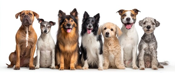 Fototapeta premium A row of diverse dog breeds, seated and facing forward against a white background