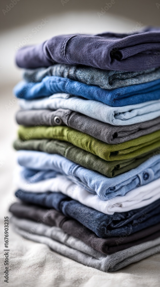 Poster stack of neatly folded shirts in various colors on a soft surface in natural light, showcasing an or