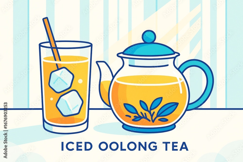 Poster iced oolong tea in glass with ice cubes and teapot with leaf design placed on light background with 