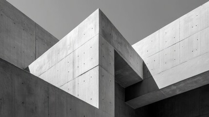 A stark, black and white photograph showcases a complex architectural intersection of concrete walls and beams. The image focuses on the sharp angles and geometric forms of the structure, 