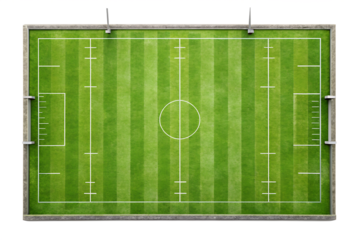 Aerial view of a soccer field isolated on transparent background, showcasing the green grass, white lines, and geometric patterns of the pitch