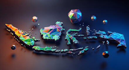 Colorful Low Poly Map of Indonesia with Floating Geometric Spheres on Transparent Background