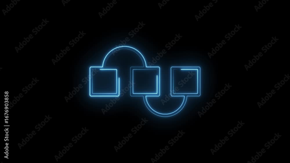 Poster neon flowchart animation squares connected with lines on black background