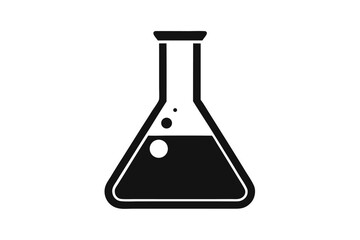Black Chemical Erlenmeyer Flask with Dark Liquid and Bubbles Outline Icon Illustration