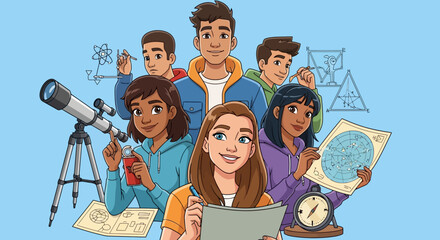Diverse Group of Young Students Engaged in Science and Exploration Activities with a Telescope and Star Chart