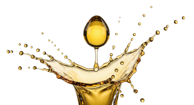 Golden Liquid Splash with Droplet and Bubbles on Black yellow isolated on a transparent background