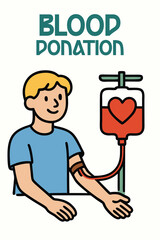 Blood Donation: Man donating blood with a blood bag shaped like a heart, smiling as he participates in a blood donation drive