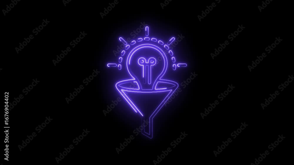 Poster glowing neon idea funnel animation on black background for data processing concepts