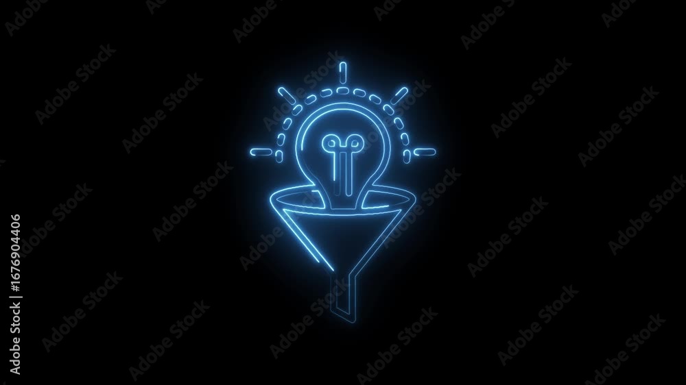 Poster neon lightbulb above filter animation on black background idea generation concept