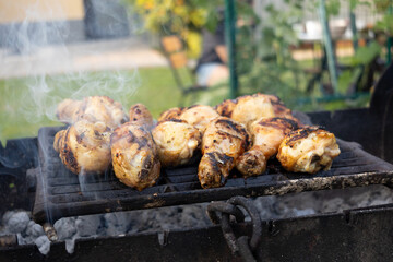 Backyard barbecue scene with racks of chicken drumsticks over hot coals and rising smoke; ideal for...