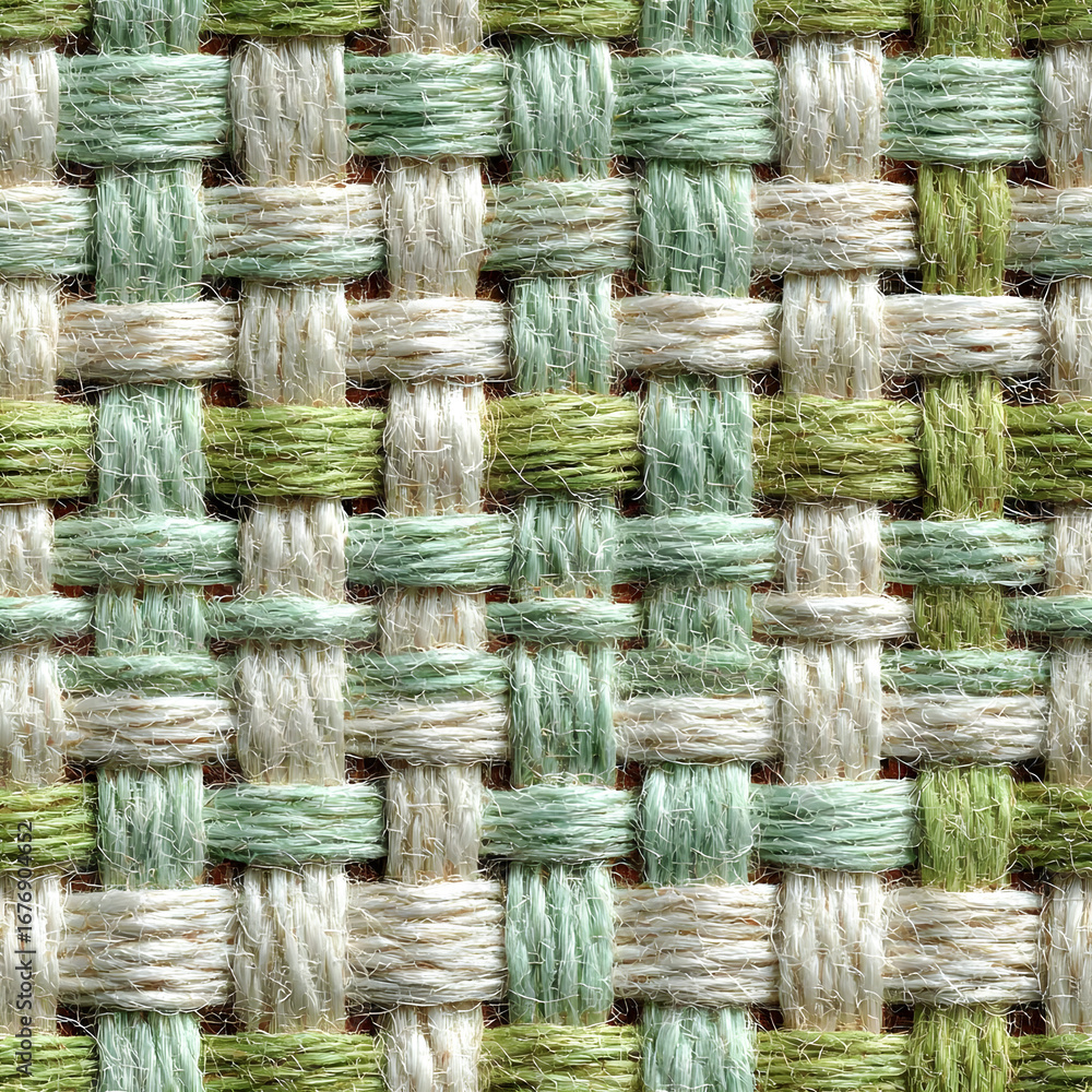 Poster close-up view of woven textile featuring intricate patterns in soft green and cream colors, showcasi