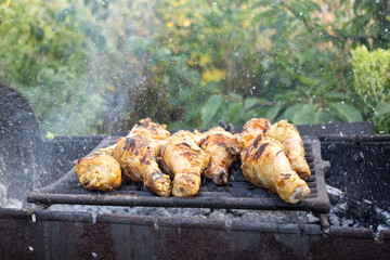 chicken drumsticks cooking on a grill; smoky glaze, seared crust and dripping juices emphasize...