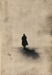 Silhouette of a solitary figure walking away on a textured, aged surface
