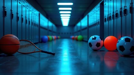 Sports equipment in locker room hallway basketball