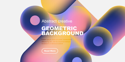 Vibrant abstract shapes overlap white space. Bold text promotes geometric background design, includes call to action.