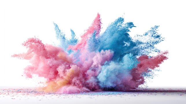 A vibrant explosion of colorful powder bursts forth from a central point, creating a dynamic and chaotic cloud of pink, blue, and orange hues. The powder particles are suspended in mid-air,